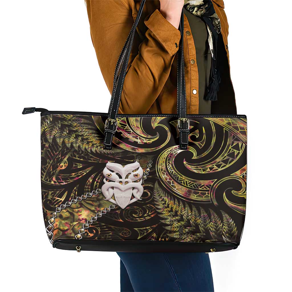 New Zealand Aotearoa Leather Tote Bag Maori Wheku Paua Shell Glitter Gold LT05 - Polynesian Pride