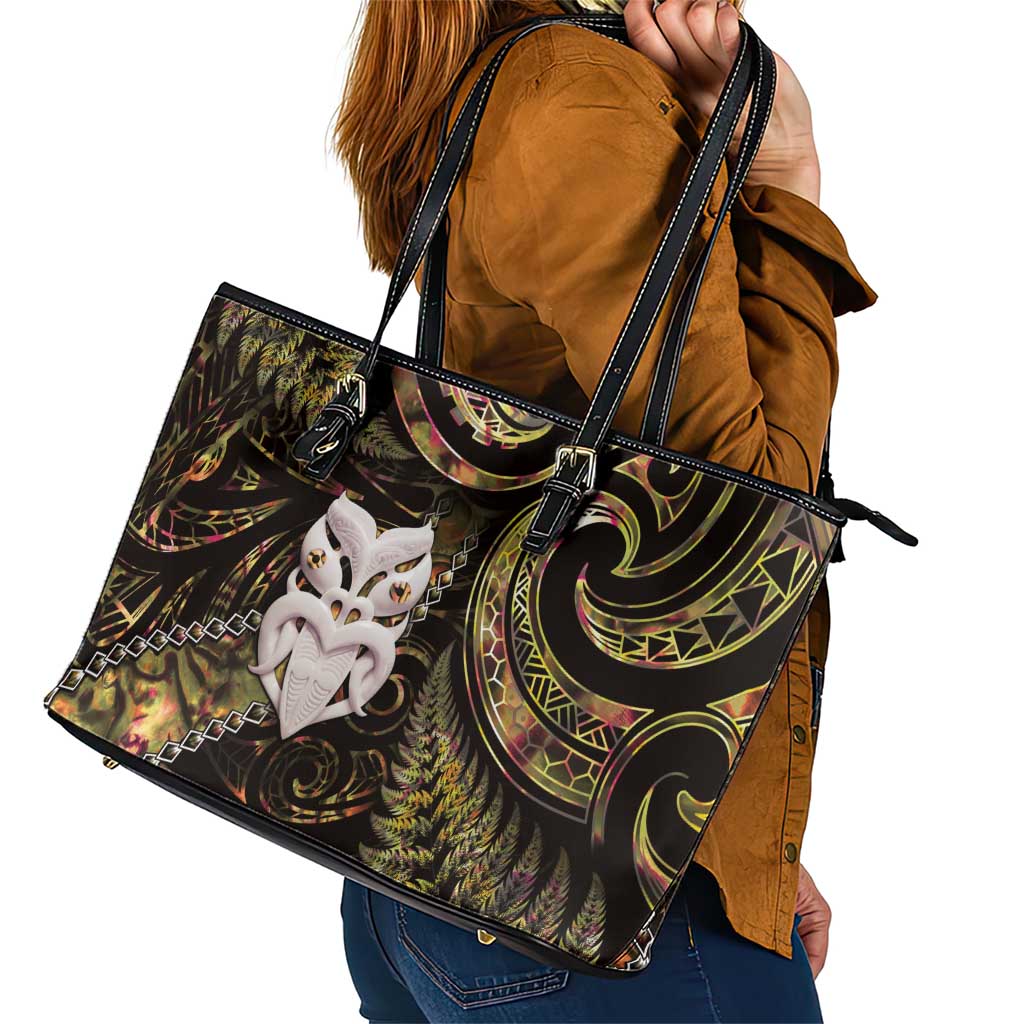 New Zealand Aotearoa Leather Tote Bag Maori Wheku Paua Shell Glitter Gold LT05 - Polynesian Pride