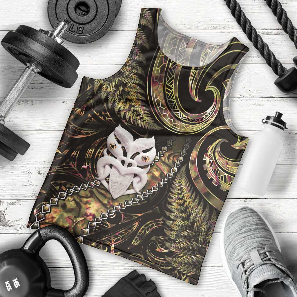 New Zealand Aotearoa Men Tank Top Maori Wheku Paua Shell Glitter Gold LT05 - Polynesian Pride
