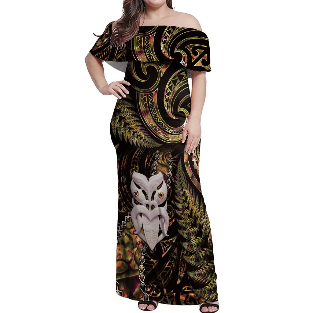 New Zealand Aotearoa Off Shoulder Maxi Dress Maori Wheku Paua Shell Glitter Gold