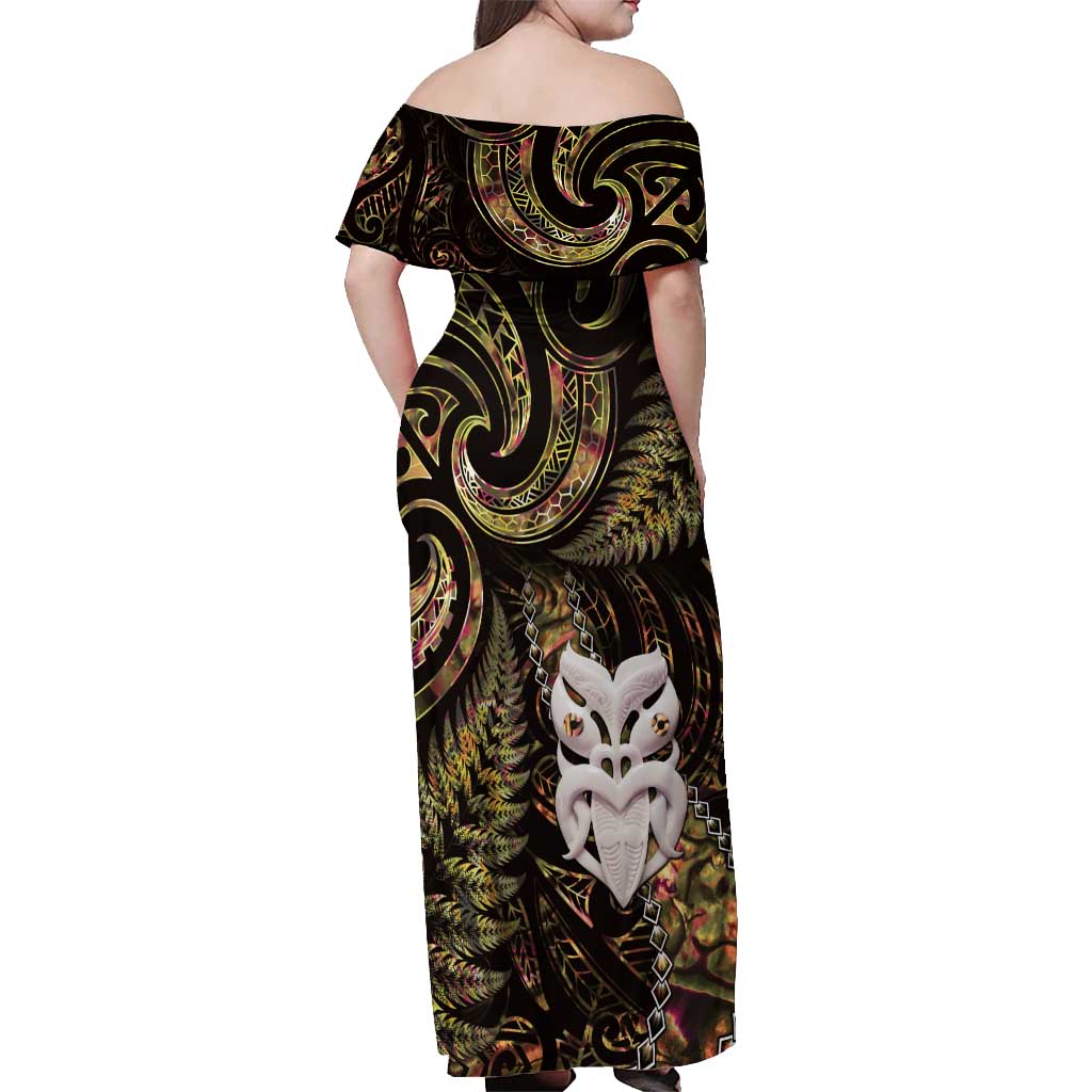 New Zealand Aotearoa Off Shoulder Maxi Dress Maori Wheku Paua Shell Glitter Gold LT05 - Polynesian Pride