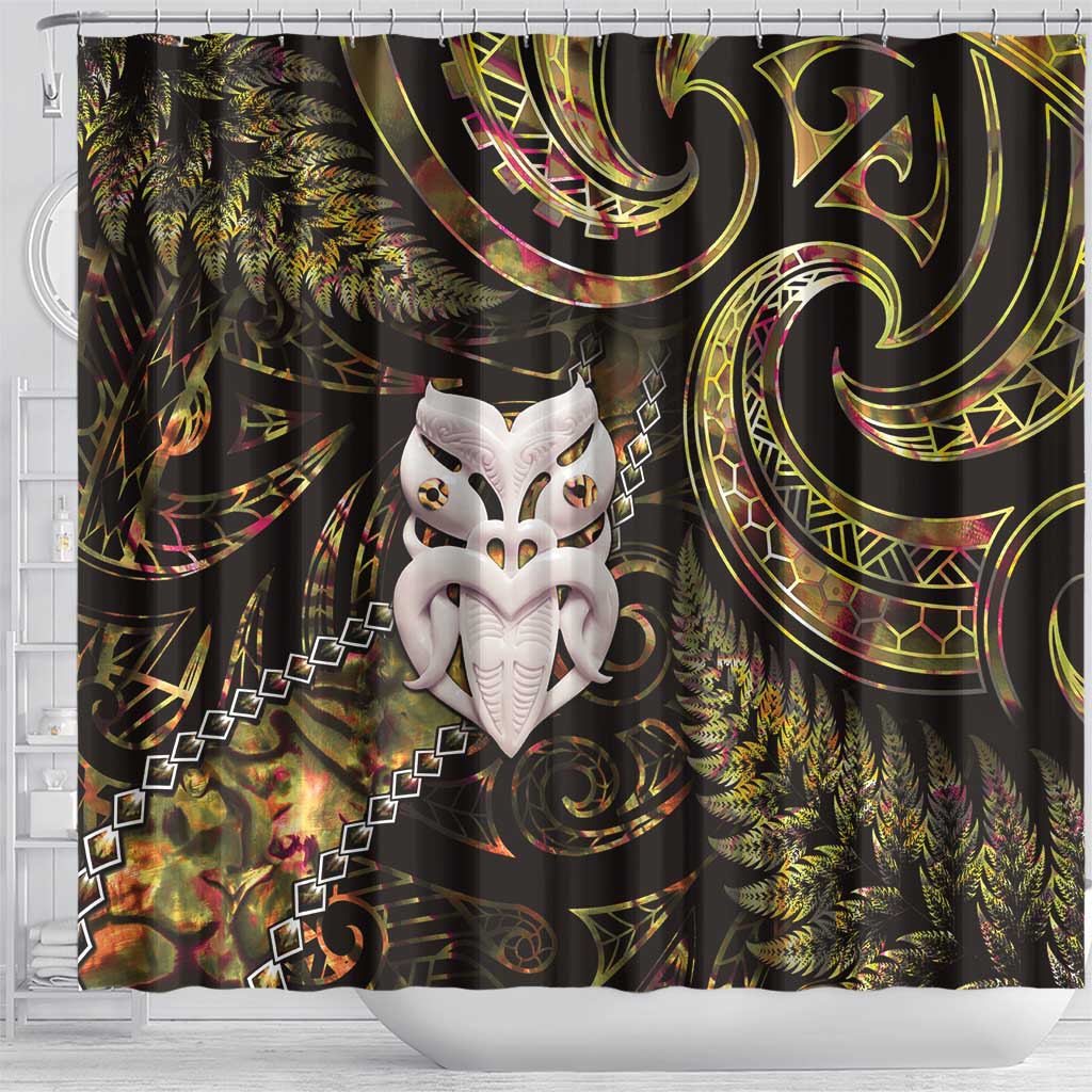New Zealand Aotearoa Shower Curtain Maori Wheku Paua Shell Glitter Gold