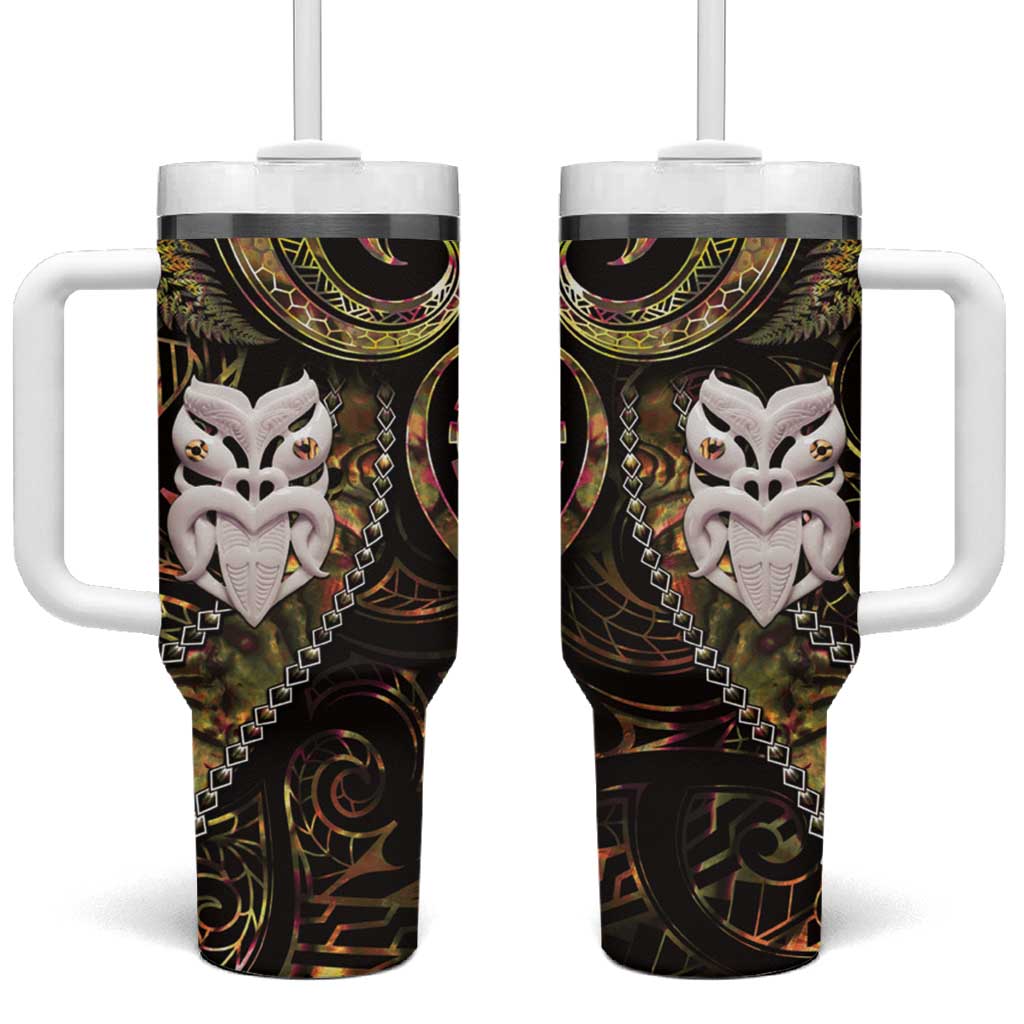 New Zealand Aotearoa Tumbler With Handle Maori Wheku Paua Shell Glitter Gold LT05 One Size: 40 oz Gold - Polynesian Pride