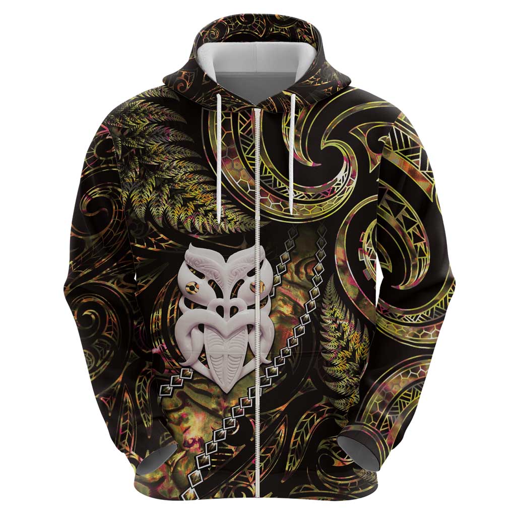 New Zealand Aotearoa Zip Hoodie Maori Wheku Paua Shell Glitter Gold