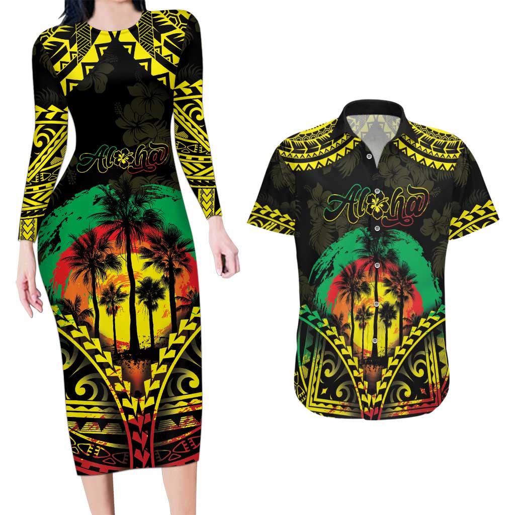 Aloha Tropical Palm Trees Couples Matching Long Sleeve Bodycon Dress and Hawaiian Shirt Reggae Polynesian Pattern