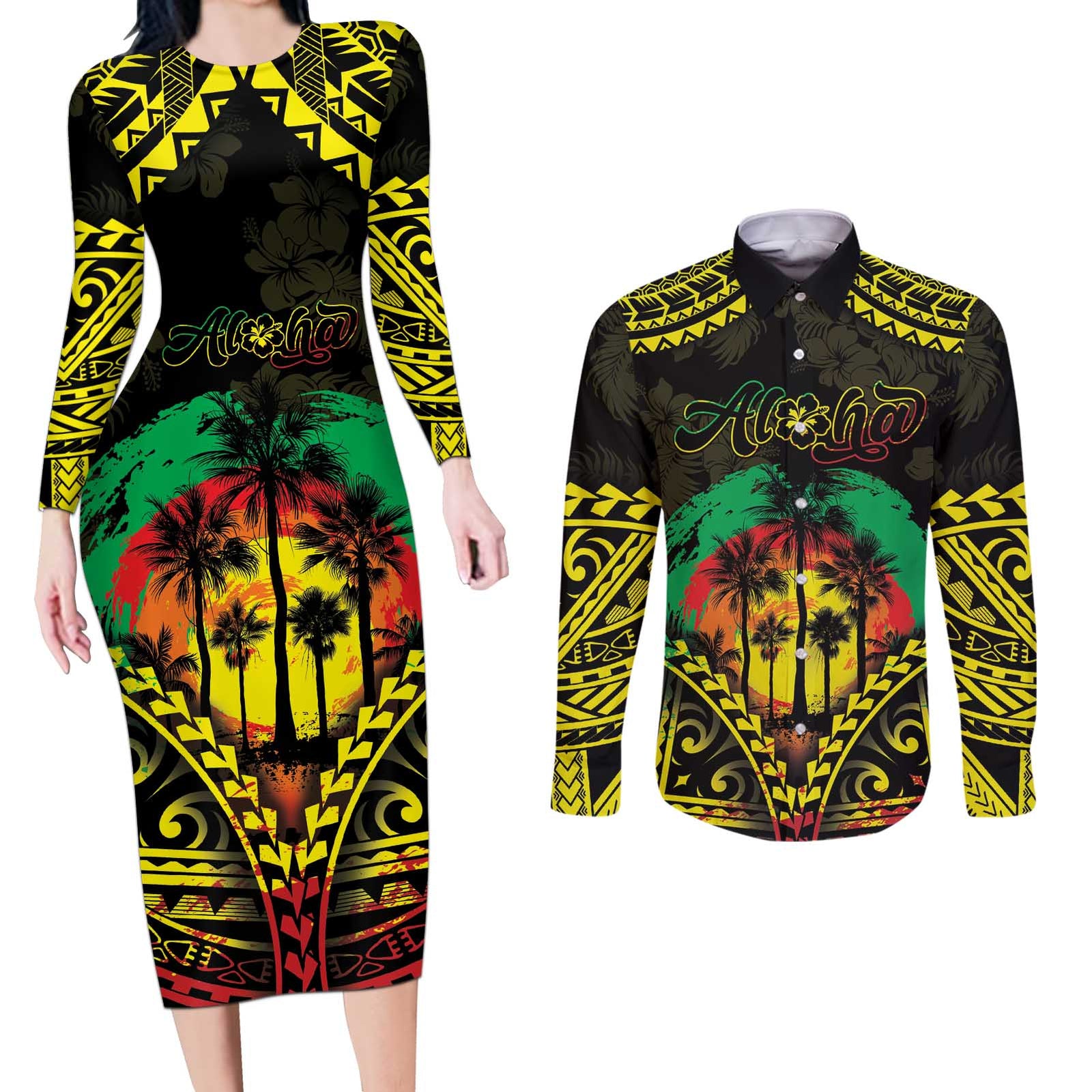 Aloha Tropical Palm Trees Couples Matching Long Sleeve Bodycon Dress and Long Sleeve Button Shirt Reggae Polynesian Pattern LT05 Black - Polynesian Pride