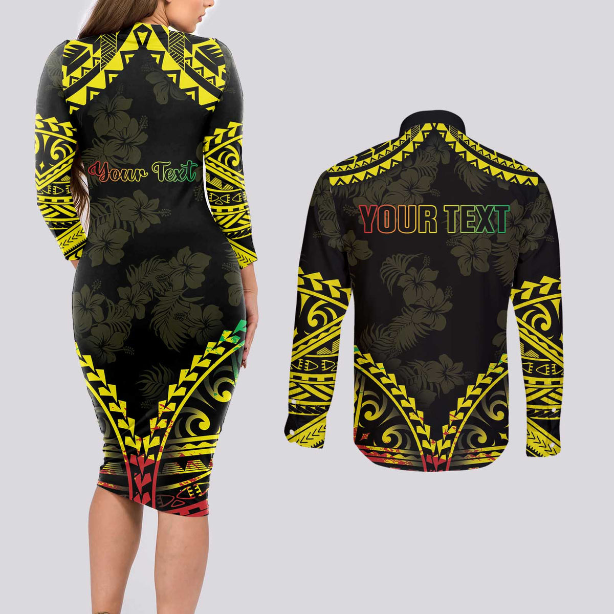 Aloha Tropical Palm Trees Couples Matching Long Sleeve Bodycon Dress and Long Sleeve Button Shirt Reggae Polynesian Pattern LT05 - Polynesian Pride