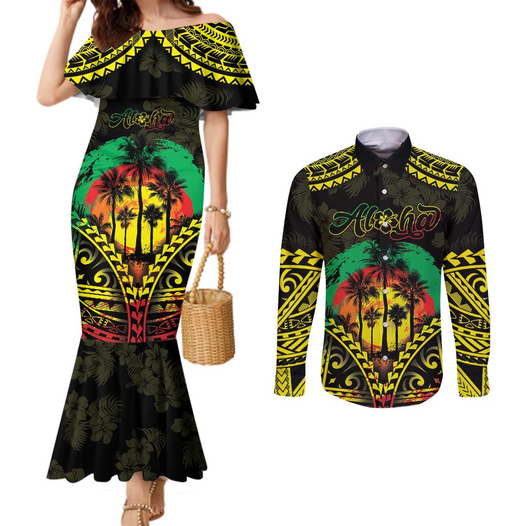 Aloha Tropical Palm Trees Couples Matching Mermaid Dress and Long Sleeve Button Shirt Reggae Polynesian Pattern LT05 Black - Polynesian Pride