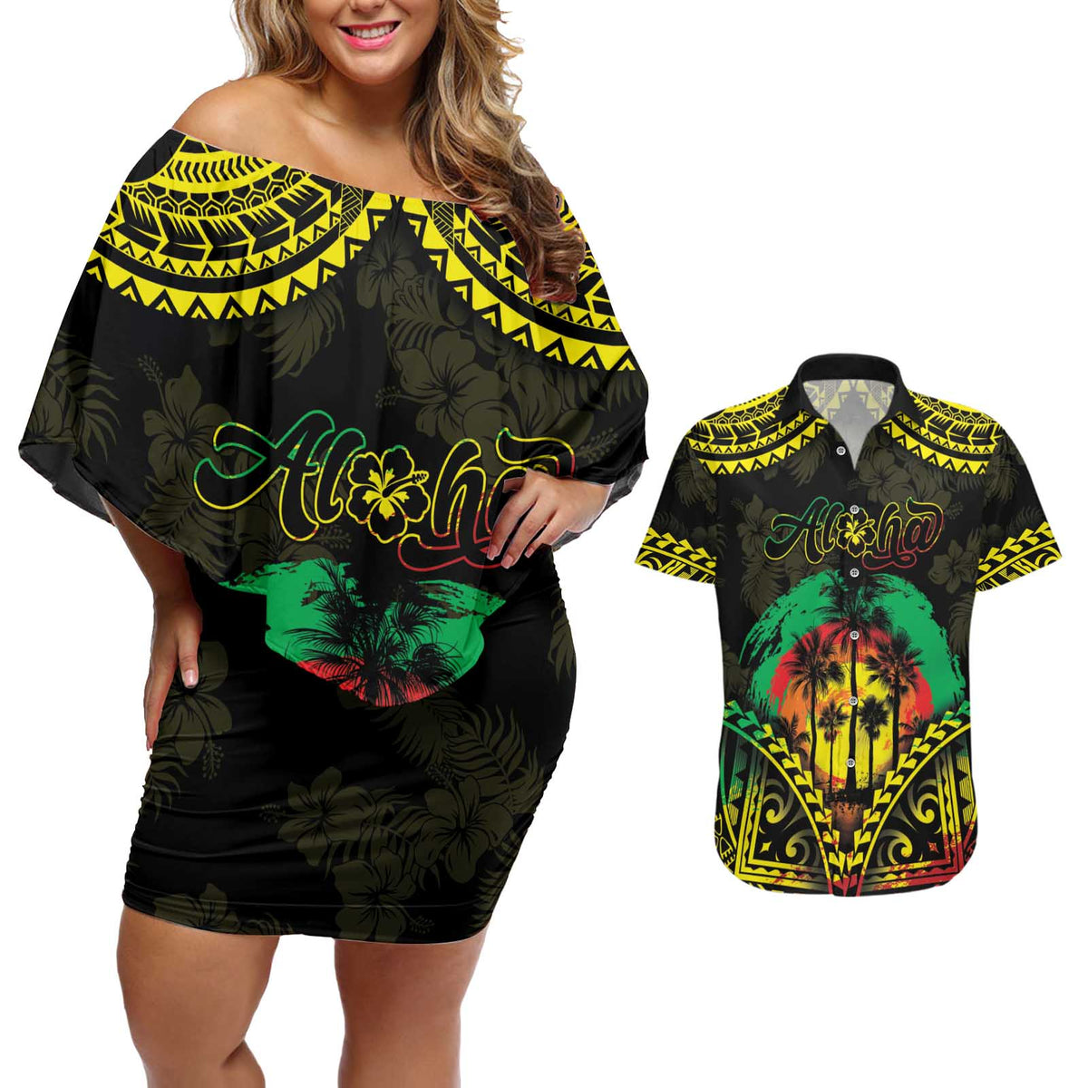 Aloha Tropical Palm Trees Couples Matching Off Shoulder Short Dress and Hawaiian Shirt Reggae Polynesian Pattern LT05 Black - Polynesian Pride