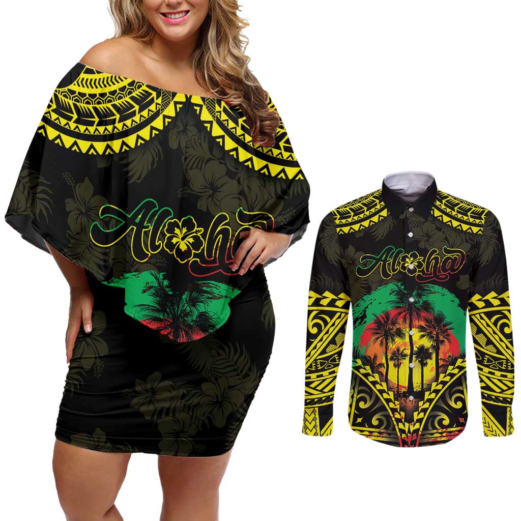 Aloha Tropical Palm Trees Couples Matching Off Shoulder Short Dress and Long Sleeve Button Shirt Reggae Polynesian Pattern LT05 Black - Polynesian Pride