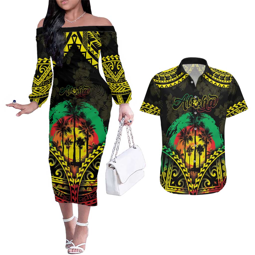 Aloha Tropical Palm Trees Couples Matching Off The Shoulder Long Sleeve Dress and Hawaiian Shirt Reggae Polynesian Pattern