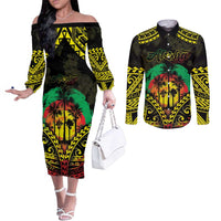 Aloha Tropical Palm Trees Couples Matching Off The Shoulder Long Sleeve Dress and Long Sleeve Button Shirt Reggae Polynesian Pattern LT05 Black - Polynesian Pride
