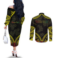 Aloha Tropical Palm Trees Couples Matching Off The Shoulder Long Sleeve Dress and Long Sleeve Button Shirt Reggae Polynesian Pattern LT05 - Polynesian Pride