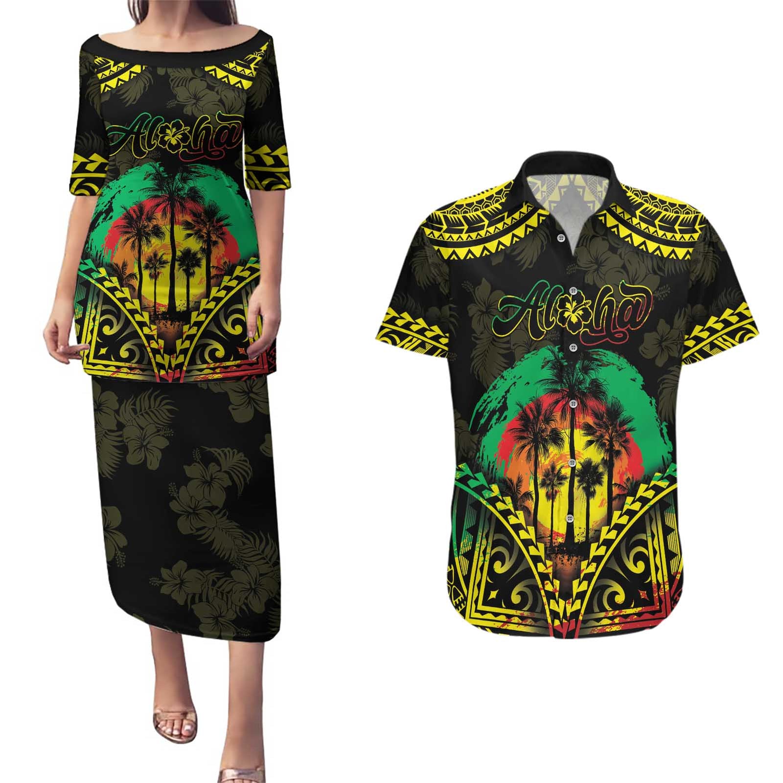 Aloha Tropical Palm Trees Couples Matching Puletasi and Hawaiian Shirt Reggae Polynesian Pattern LT05 Black - Polynesian Pride
