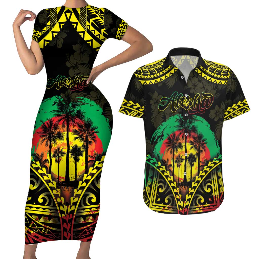 Aloha Tropical Palm Trees Couples Matching Short Sleeve Bodycon Dress and Hawaiian Shirt Reggae Polynesian Pattern