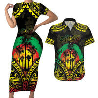 Aloha Tropical Palm Trees Couples Matching Short Sleeve Bodycon Dress and Hawaiian Shirt Reggae Polynesian Pattern LT05 Black - Polynesian Pride