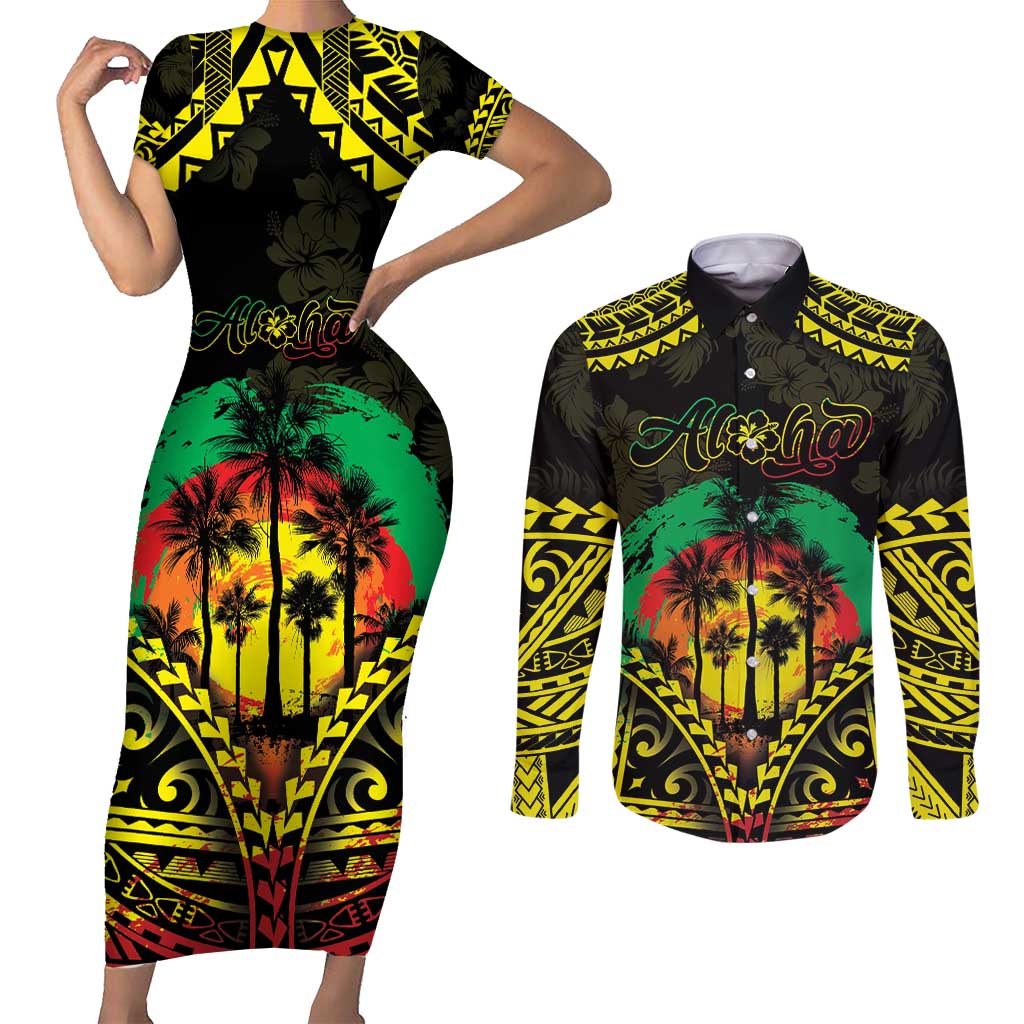 Aloha Tropical Palm Trees Couples Matching Short Sleeve Bodycon Dress and Long Sleeve Button Shirt Reggae Polynesian Pattern LT05 Black - Polynesian Pride