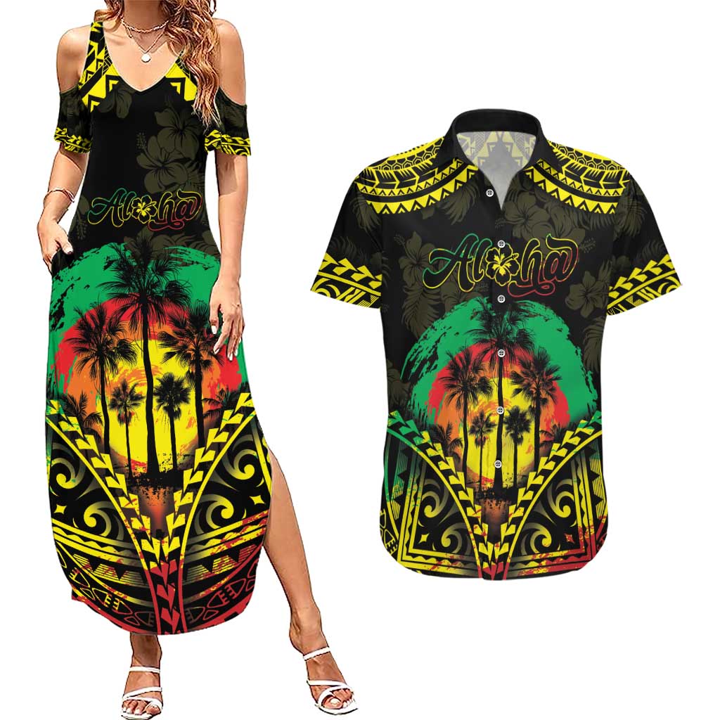 Aloha Tropical Palm Trees Couples Matching Summer Maxi Dress and Hawaiian Shirt Reggae Polynesian Pattern