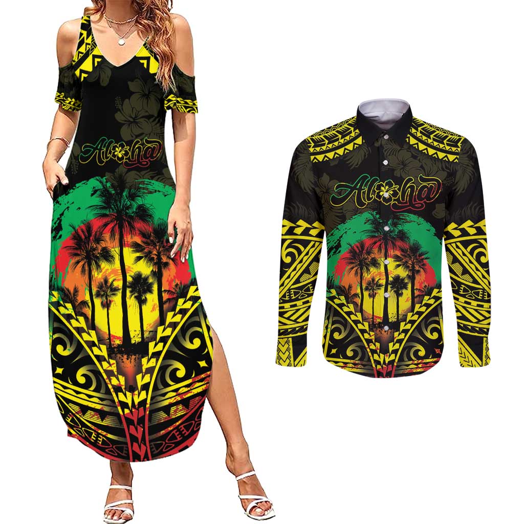 Aloha Tropical Palm Trees Couples Matching Summer Maxi Dress and Long Sleeve Button Shirt Reggae Polynesian Pattern LT05 Black - Polynesian Pride