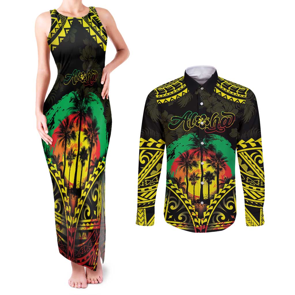 Aloha Tropical Palm Trees Couples Matching Tank Maxi Dress and Long Sleeve Button Shirt Reggae Polynesian Pattern LT05 Black - Polynesian Pride