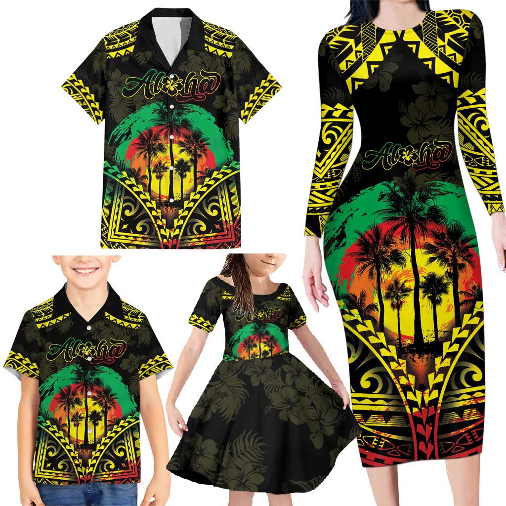 Aloha Tropical Palm Trees Family Matching Long Sleeve Bodycon Dress and Hawaiian Shirt Reggae Polynesian Pattern