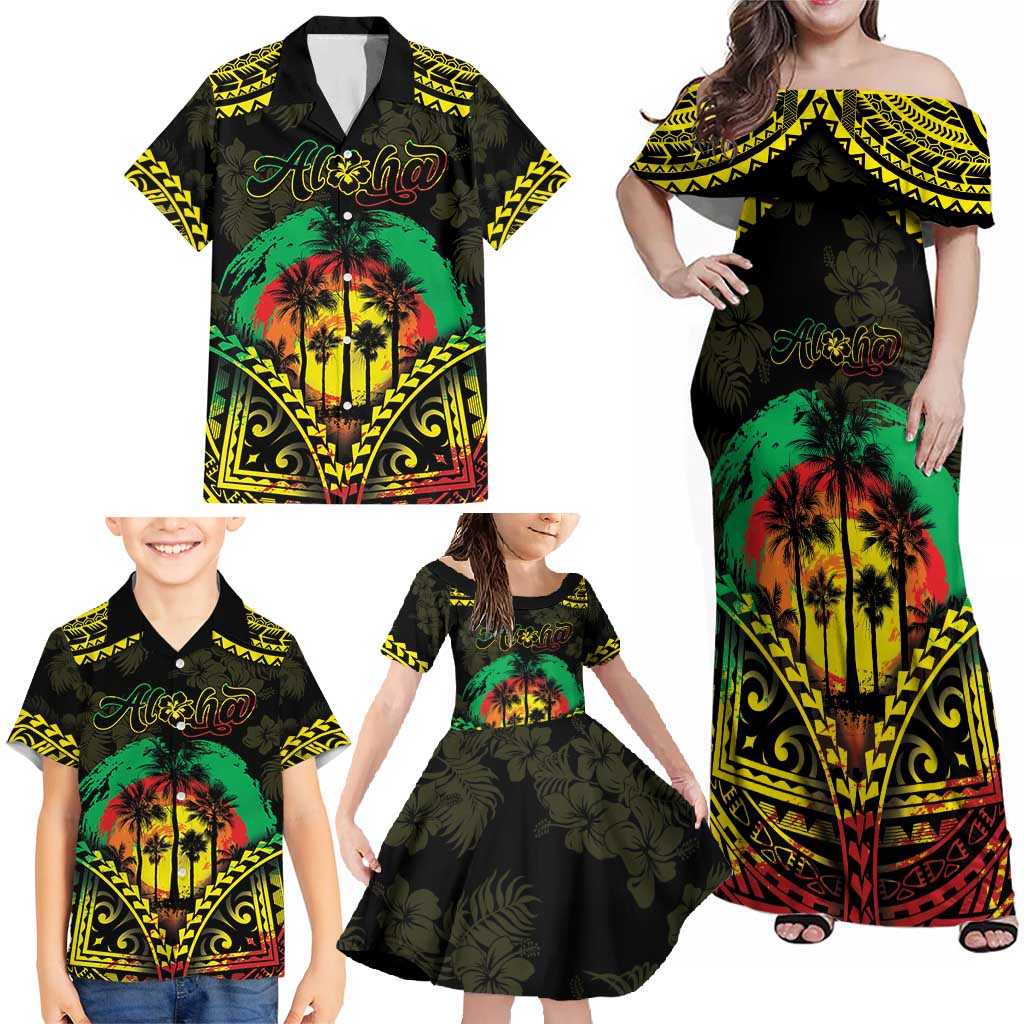 Aloha Tropical Palm Trees Family Matching Off Shoulder Maxi Dress and Hawaiian Shirt Reggae Polynesian Pattern