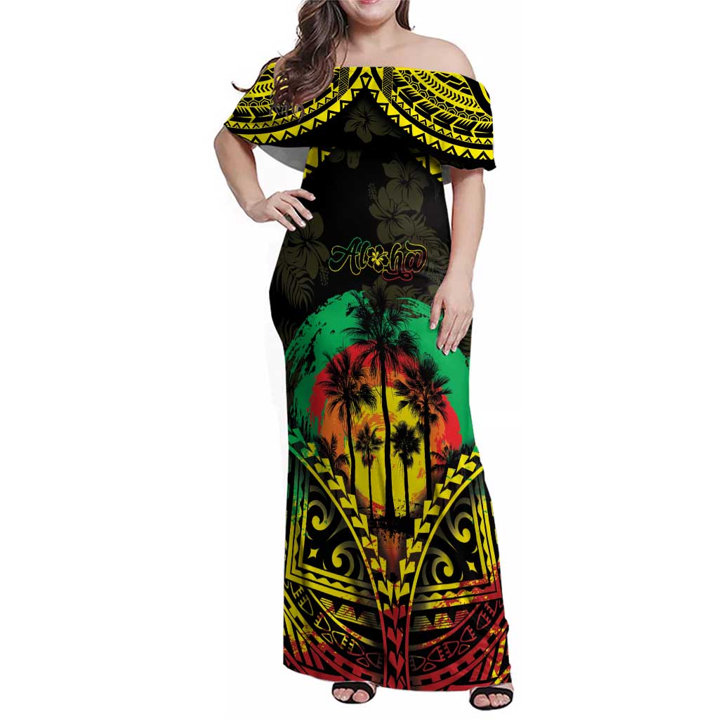 Aloha Tropical Palm Trees Family Matching Off Shoulder Maxi Dress and Hawaiian Shirt Reggae Polynesian Pattern LT05 Mom's Dress Black - Polynesian Pride