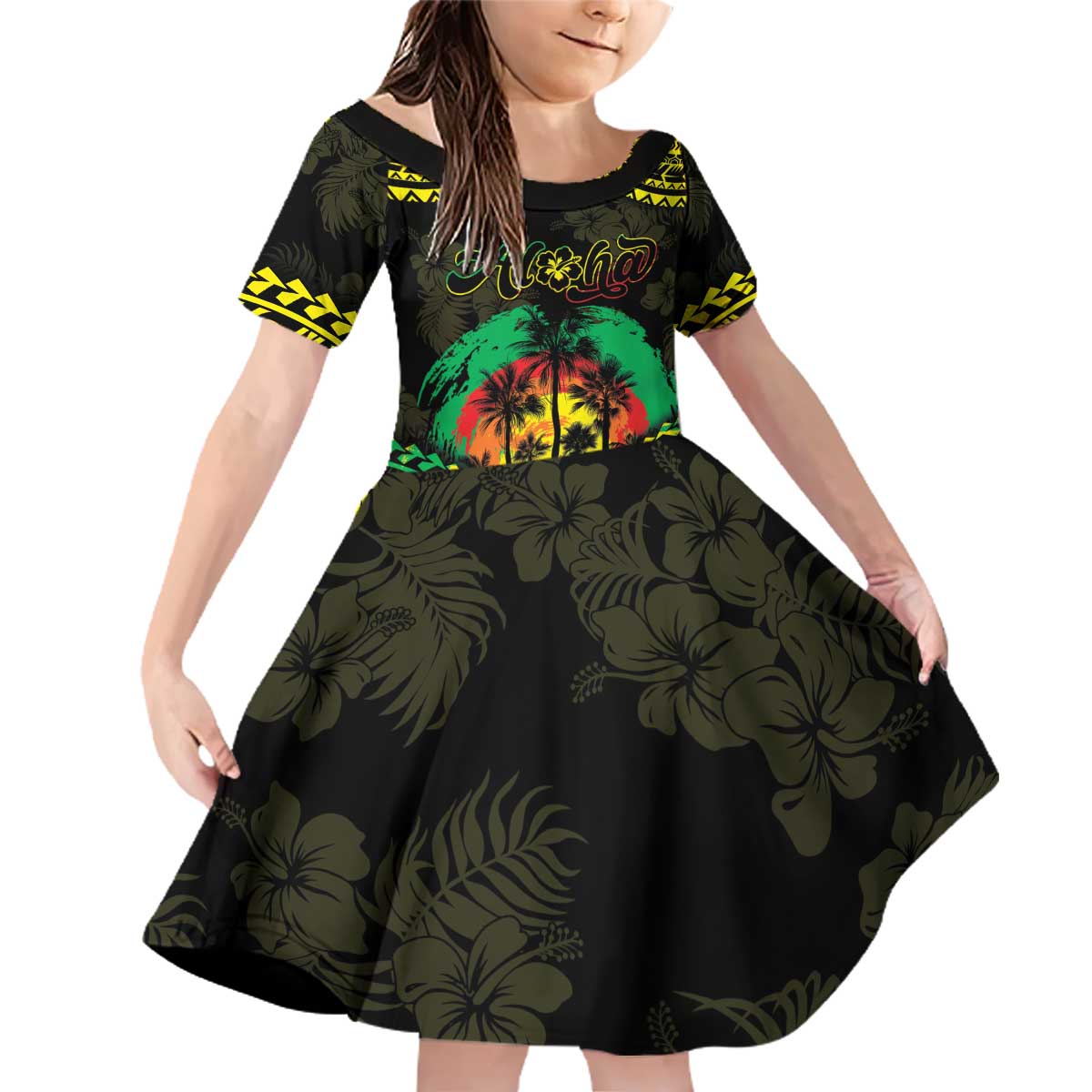 Aloha Tropical Palm Trees Family Matching Off Shoulder Short Dress and Hawaiian Shirt Reggae Polynesian Pattern LT05 Daughter's Dress Black - Polynesian Pride