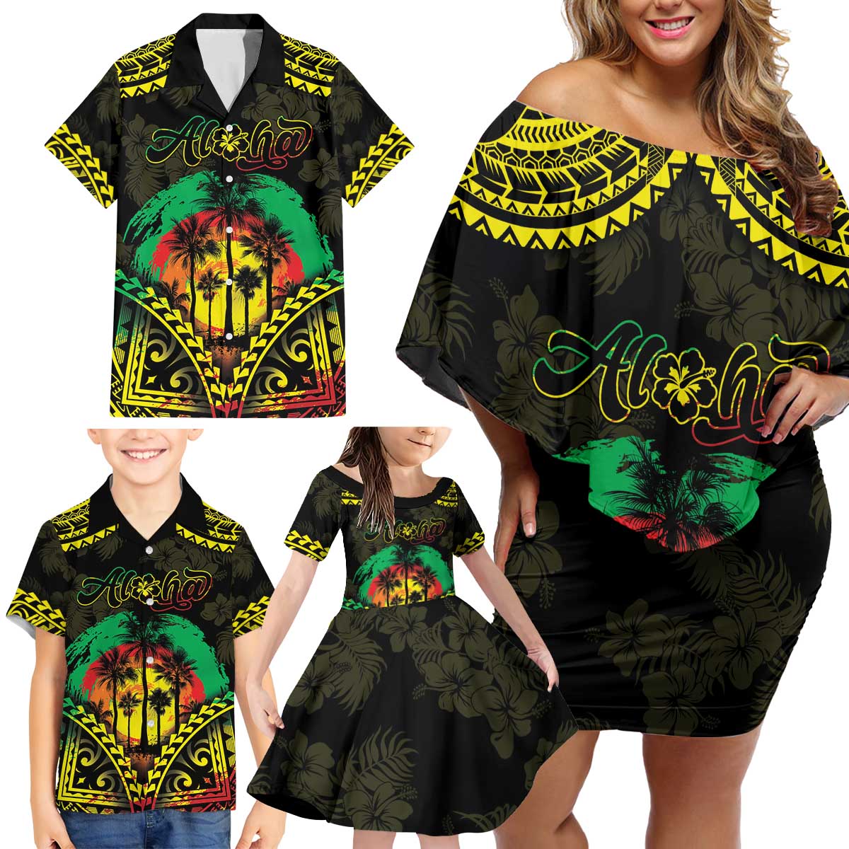 Aloha Tropical Palm Trees Family Matching Off Shoulder Short Dress and Hawaiian Shirt Reggae Polynesian Pattern LT05 - Polynesian Pride
