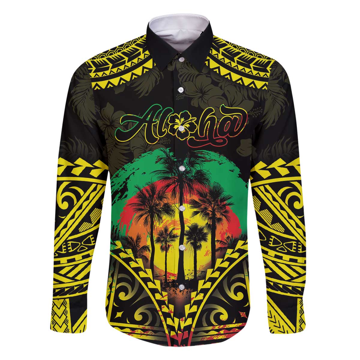 Aloha Tropical Palm Trees Family Matching Off Shoulder Short Dress and Hawaiian Shirt Reggae Polynesian Pattern LT05 Dad's Shirt - Long Sleeve Black - Polynesian Pride