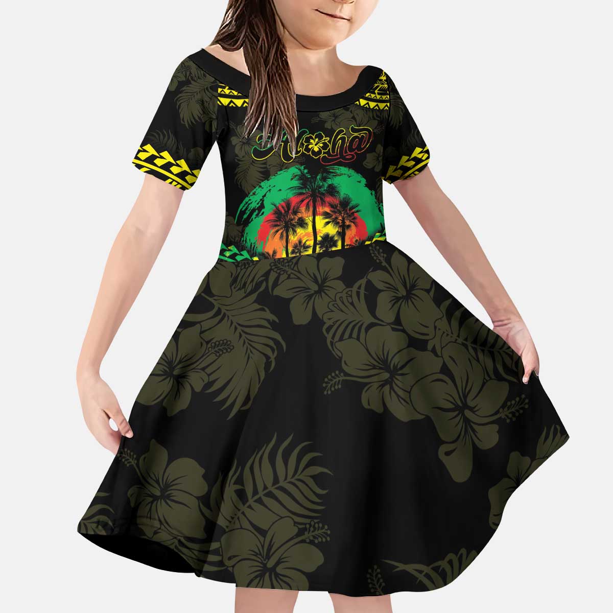 Aloha Tropical Palm Trees Family Matching Puletasi and Hawaiian Shirt Reggae Polynesian Pattern LT05 Daughter's Dress Black - Polynesian Pride
