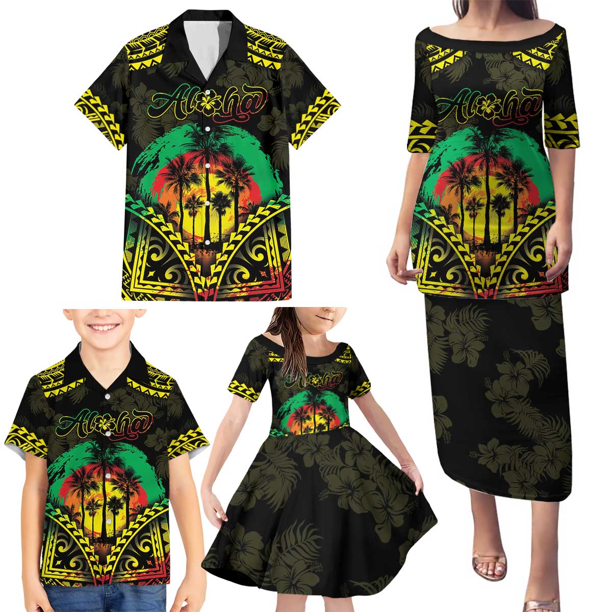 Aloha Tropical Palm Trees Family Matching Puletasi and Hawaiian Shirt Reggae Polynesian Pattern