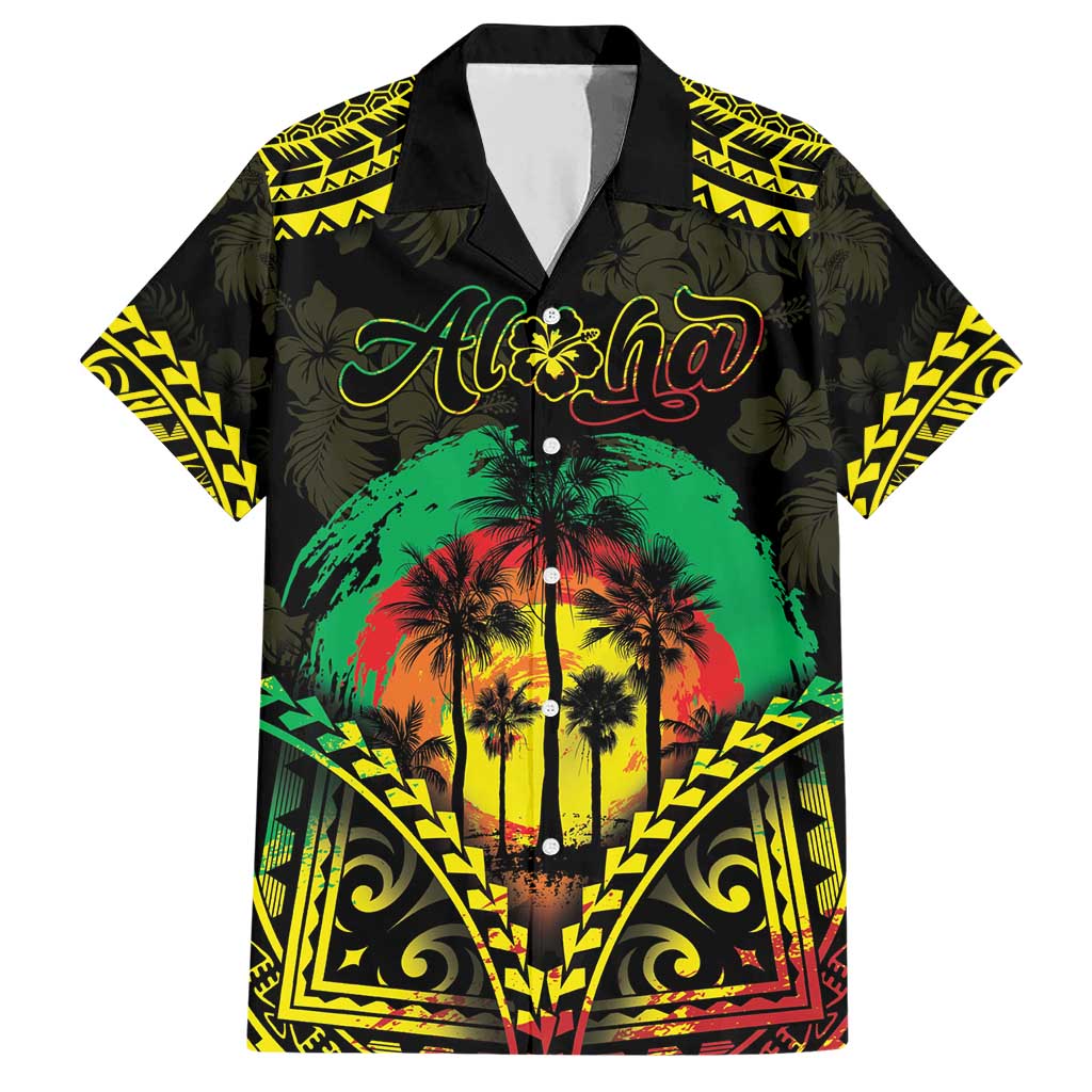 Aloha Tropical Palm Trees Family Matching Short Sleeve Bodycon Dress and Hawaiian Shirt Reggae Polynesian Pattern LT05 Dad's Shirt - Short Sleeve Black - Polynesian Pride