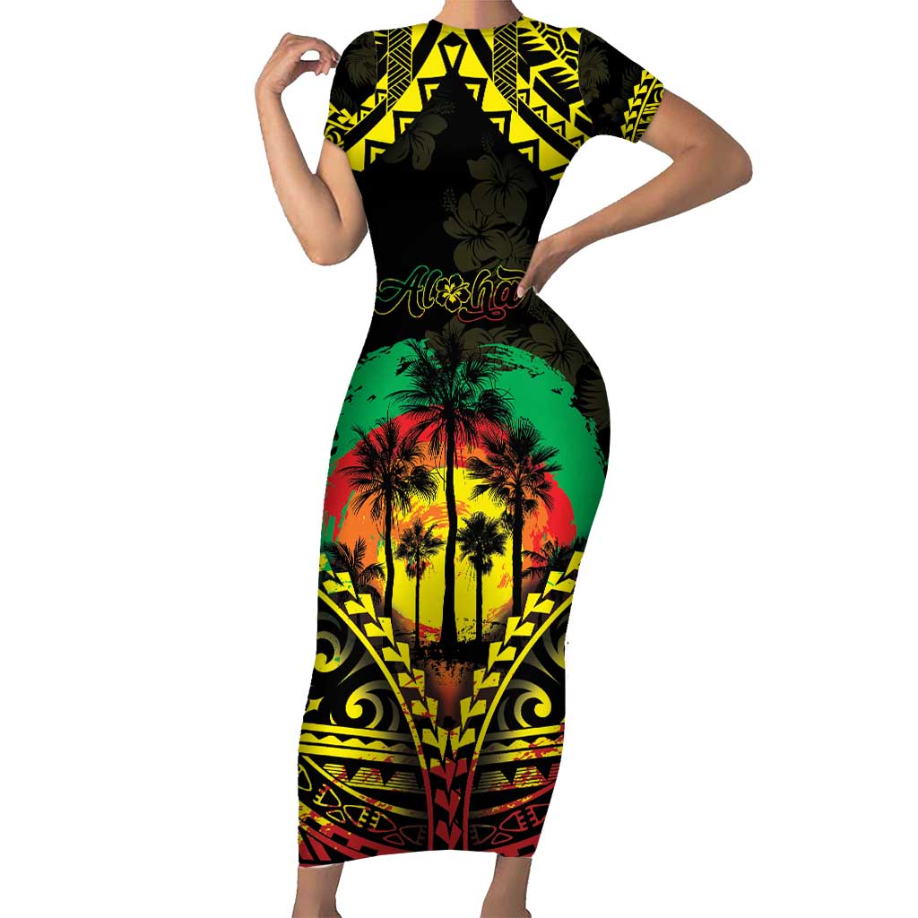 Aloha Tropical Palm Trees Family Matching Short Sleeve Bodycon Dress and Hawaiian Shirt Reggae Polynesian Pattern LT05 Mom's Dress Black - Polynesian Pride