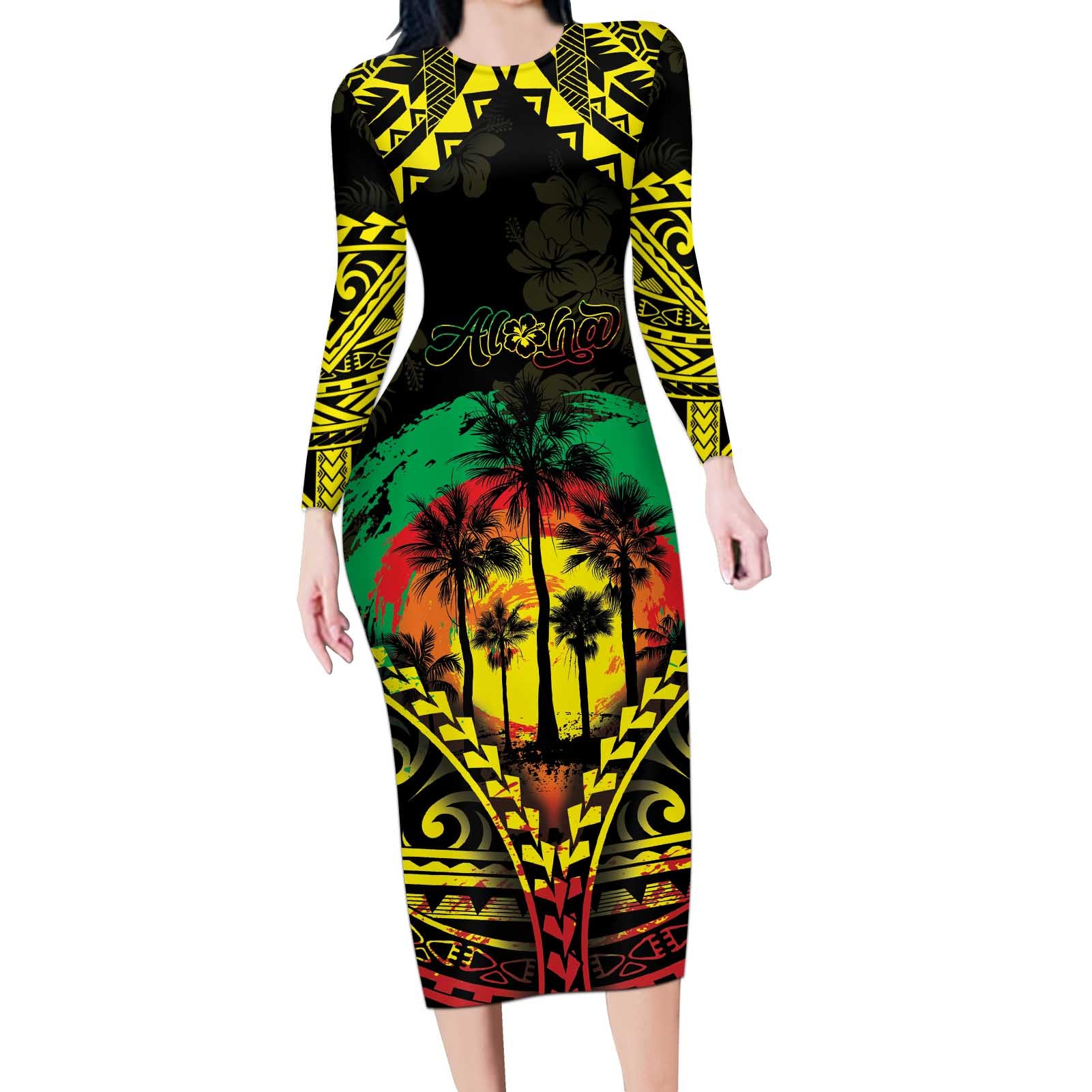 Aloha Tropical Palm Trees Long Sleeve Bodycon Dress Reggae Polynesian Pattern