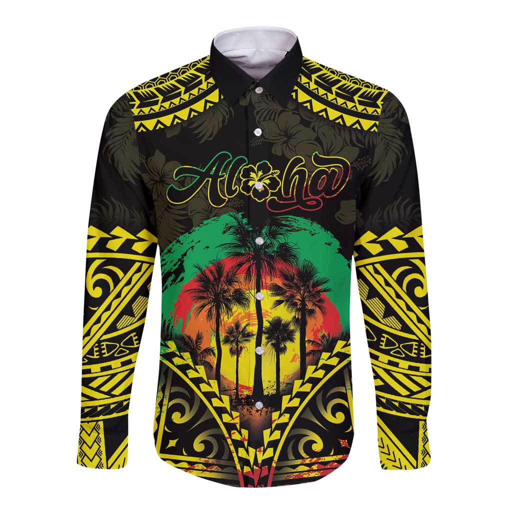 Aloha Tropical Palm Trees Long Sleeve Button Shirt Reggae Polynesian Pattern