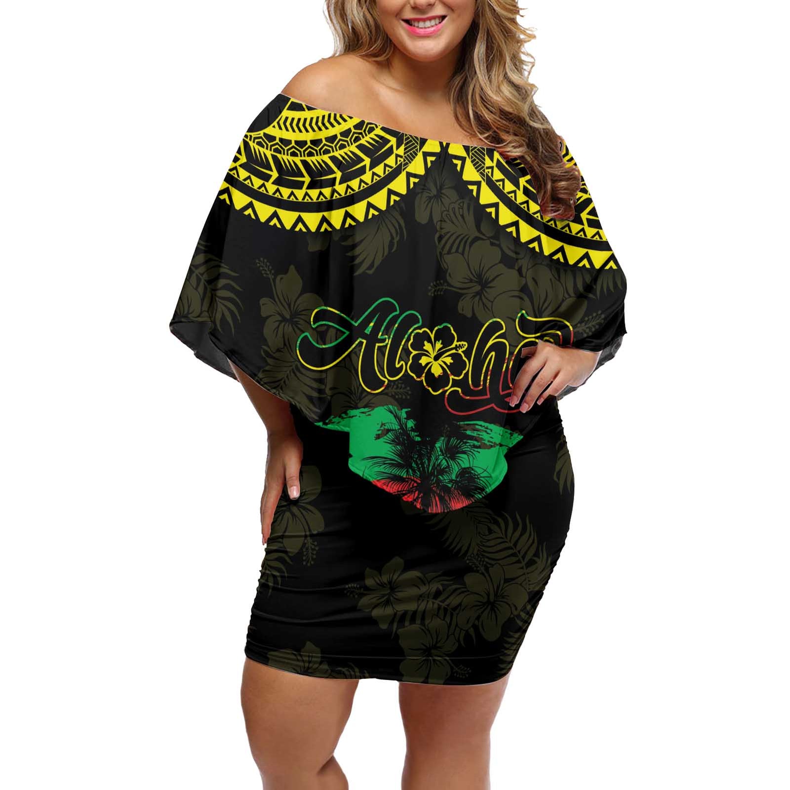 Aloha Tropical Palm Trees Off Shoulder Short Dress Reggae Polynesian Pattern LT05 Women Black - Polynesian Pride