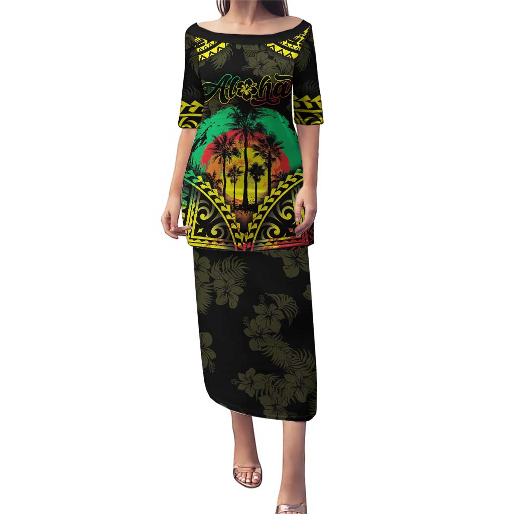 Aloha Tropical Palm Trees Puletasi Reggae Polynesian Pattern LT05 Long Dress Black - Polynesian Pride