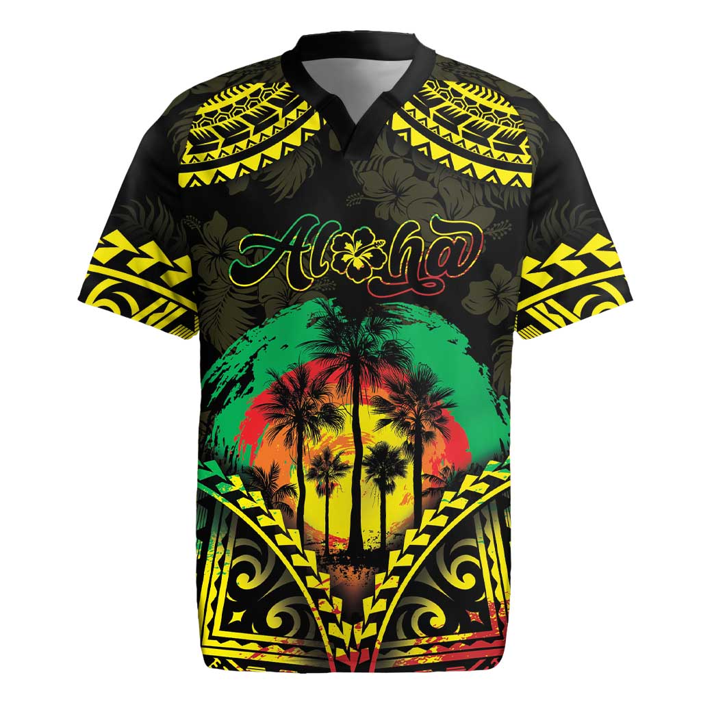 Aloha Tropical Palm Trees Rugby Jersey Reggae Polynesian Pattern LT05 Black - Polynesian Pride