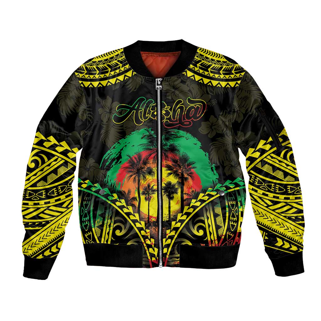 Aloha Tropical Palm Trees Sleeve Zip Bomber Jacket Reggae Polynesian Pattern