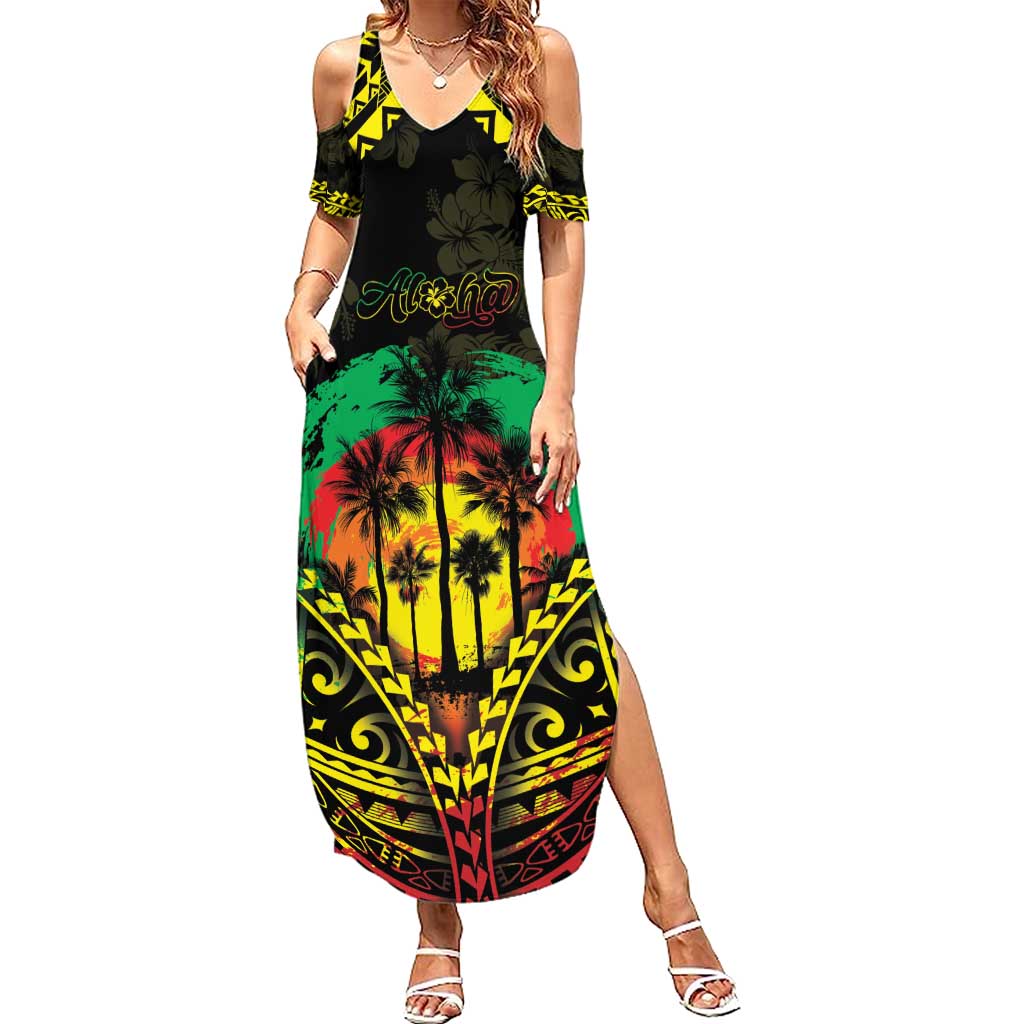 Aloha Tropical Palm Trees Summer Maxi Dress Reggae Polynesian Pattern LT05 Women Black - Polynesian Pride