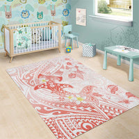 Polynesia Hammerhead Shark Area Rug Tropical Flowers Tribal Pattern Peach