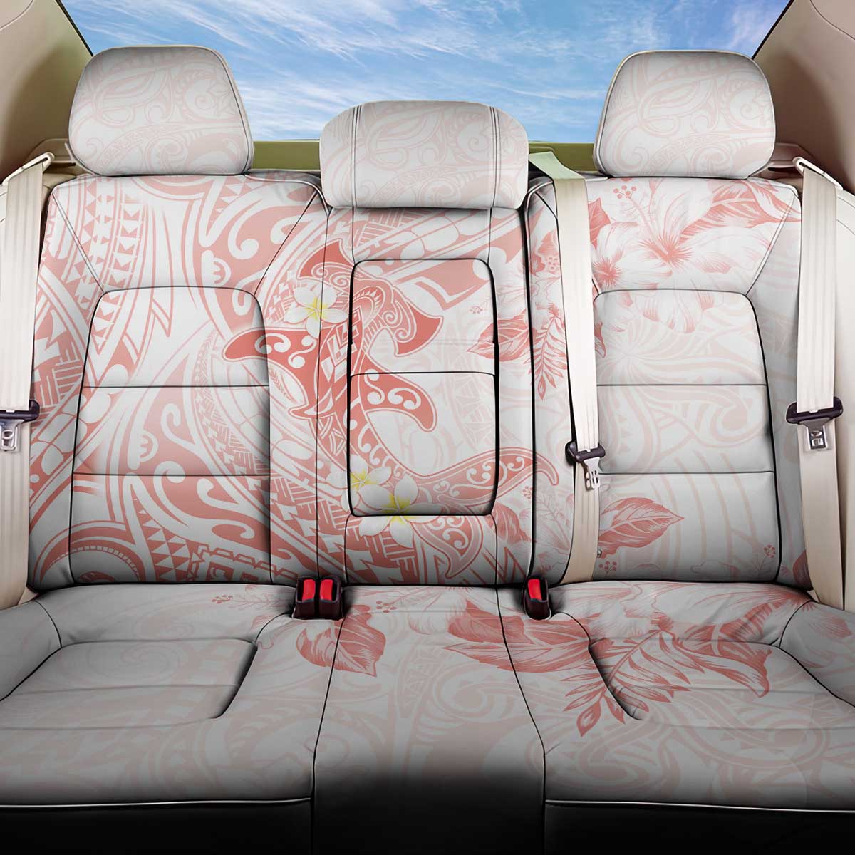 Polynesia Hammerhead Shark Back Car Seat Cover Tropical Flowers Tribal Pattern Peach