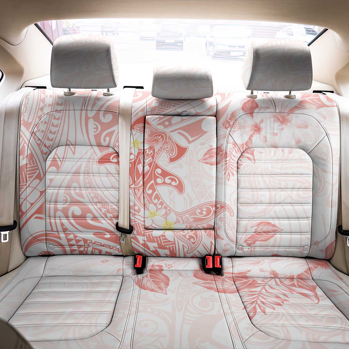 Polynesia Hammerhead Shark Back Car Seat Cover Tropical Flowers Tribal Pattern Peach