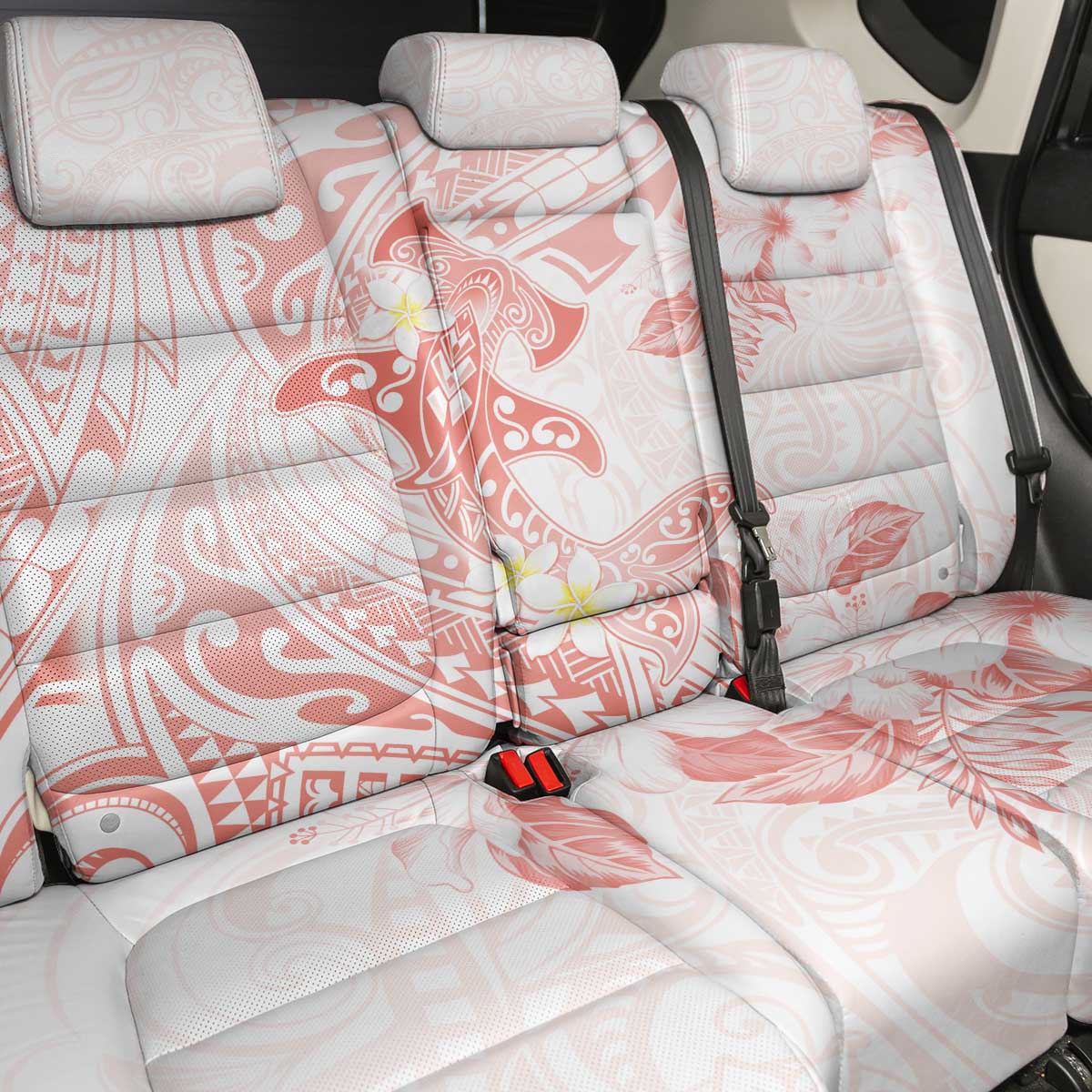 Polynesia Hammerhead Shark Back Car Seat Cover Tropical Flowers Tribal Pattern Peach