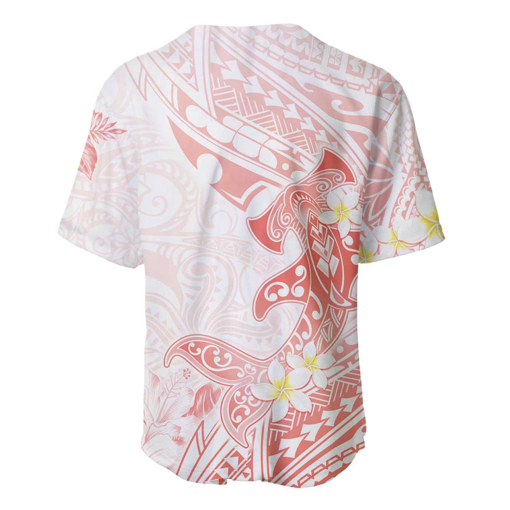 Polynesia Hammerhead Shark Baseball Jersey Tropical Flowers Tribal Pattern Peach