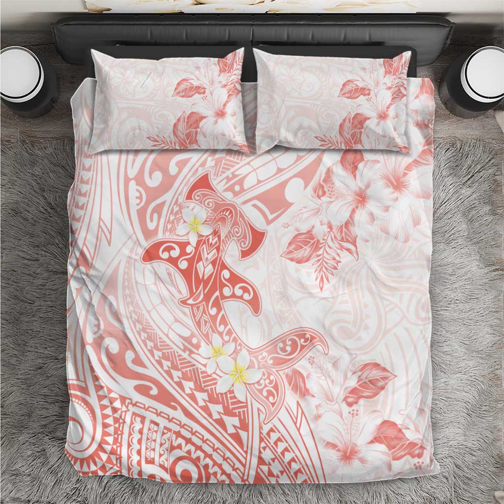 Polynesia Hammerhead Shark Bedding Set Tropical Flowers Tribal Pattern Peach