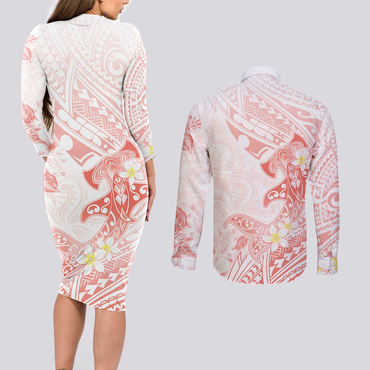 Polynesia Hammerhead Shark Couples Matching Long Sleeve Bodycon Dress and Long Sleeve Button Shirt Tropical Flowers Tribal Pattern Peach LT05 - Polynesian Pride
