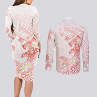 Polynesia Hammerhead Shark Couples Matching Long Sleeve Bodycon Dress and Long Sleeve Button Shirt Tropical Flowers Tribal Pattern Peach LT05 - Polynesian Pride