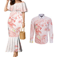 Polynesia Hammerhead Shark Couples Matching Mermaid Dress and Long Sleeve Button Shirt Tropical Flowers Tribal Pattern Peach LT05 Peach - Polynesian Pride